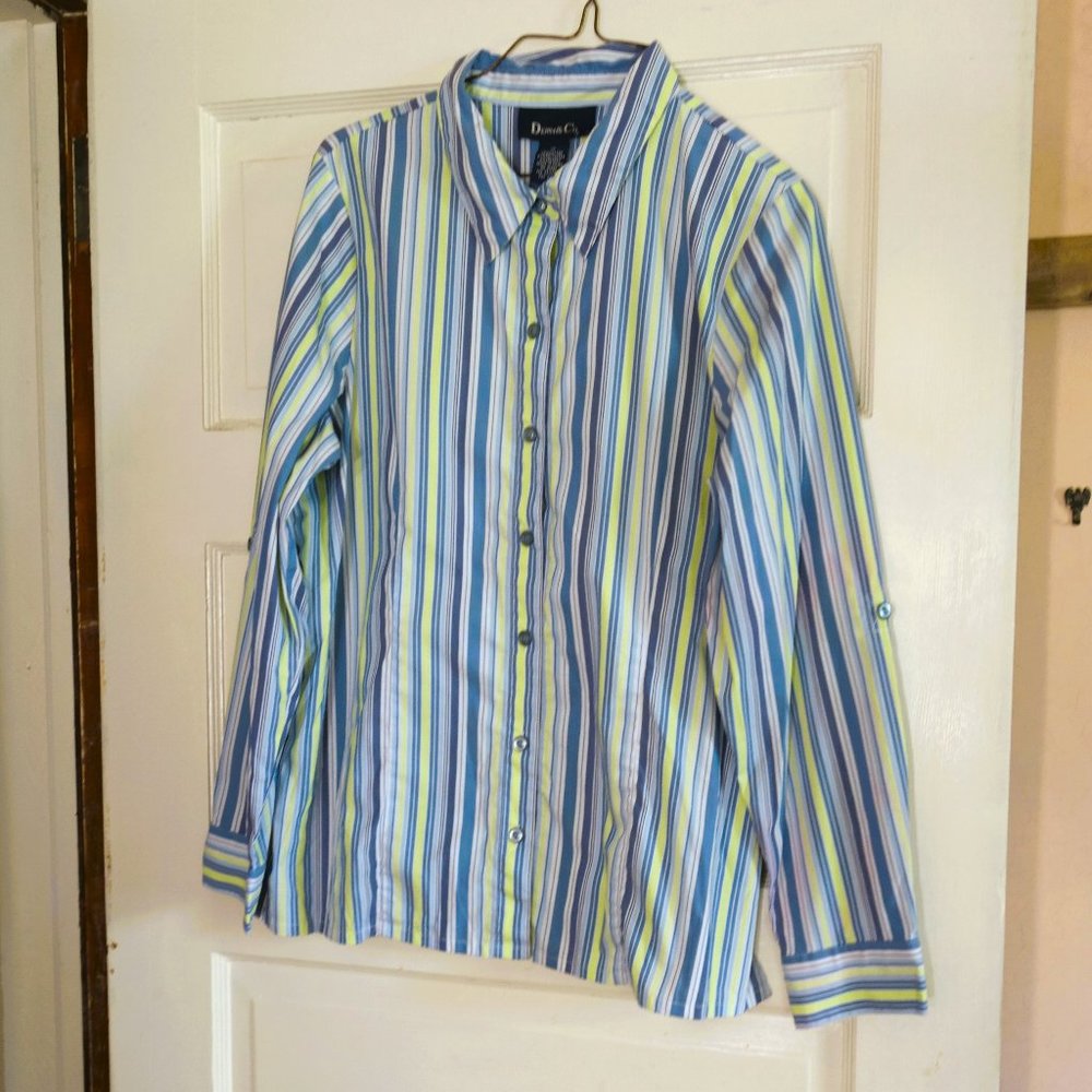 Denim & Co Blue Stripe Stretch Wrinkle Resistant Long Sleeve Blouse M